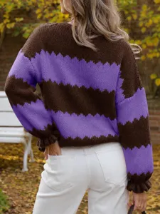 Women colorblock knit sweater long sleeve crewneck casual pullover stylish autumn top.