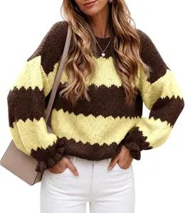 Wavy striped colorblock knit sweater, featuring crew neck and long sleeves for women.
