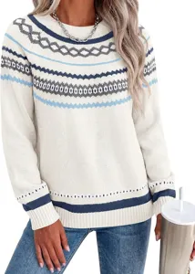 Detailed view of women's long sleeve crewneck colorblock knit sweater, cozy autumn apparel.