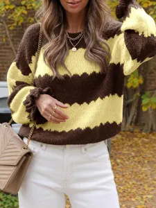 Detailed view of women's autumn winter colorblock chevron knit sweater casual pullover top.
