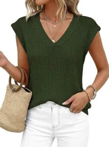 Mujer casual chaleco de punto con cuello en V sin mangas elegante blusa de verano.