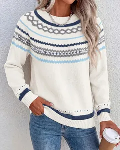 Women round neck colorblock long sleeve knit sweater casual pullover top winter fashion