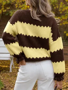 Back view of a cozy brown yellow colorblock crewneck long sleeve knit sweater for women.