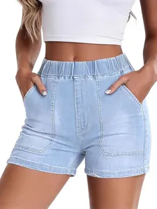 Women Casual High Waist Denim Shorts Summer Loose Fit Stretch Elastic Waist Denim Short Pants Streetwear