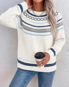 Autumn winter casual crew neck colorblock long sleeve knit sweater pullover for women detail