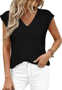 Top sin mangas de punto negro con cuello en V casual, elegante chaleco de suéter de verano.