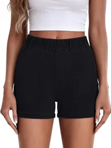 Women casual stretch elastic high waist black denim shorts for summer daily wear. New style.