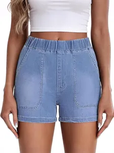 Women casual elastic high waist denim shorts light blue summer stylish streetwear comfortable bottom