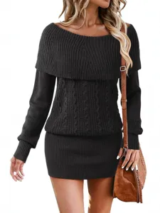 Women off shoulder long sleeve cable knit sweater dress winter slim fit mini dress casual