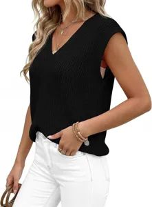 Chaleco de punto con cuello en V casual para mujer, elegante parte superior sin mangas.