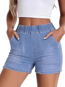 High waist light blue denim shorts for women summer casual elastic waist multi-pocket shorts