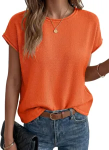 Close-up detail view of the solid color casual crewneck short sleeve knit top for women.