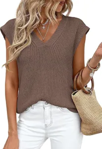 Elegante Casual Mujer Cuello V Manga Corta Jersey Punto Chaleco Top Verano Moda.