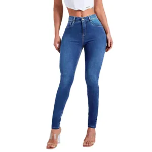 High waist stretch skinny jeans for women, slim fit denim pants main front view.