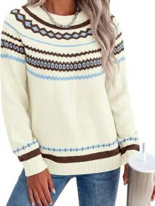 Cozy fall winter women's colorblock crewneck long sleeve knit sweater pullover top