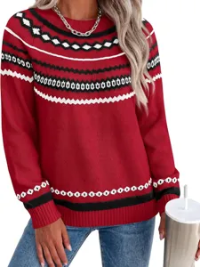 Women's autumn winter red colorblock round neck long sleeve knit sweater main view