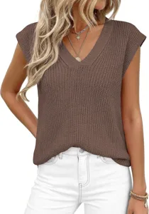 Vista detallada de jersey punto cuello V casual mujer sin mangas estilo moda verano