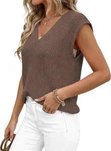 Top de chaleco de jersey de punto sin mangas con cuello en V casual para mujer.