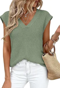 Mujer Verano Casual Cuello V Sin Mangas Punto Top Básico Ribeteado Jersey Camiseta Verde