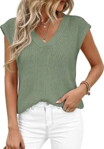 Chaleco de suéter de punto sin mangas con cuello en V verde salvia casual para mujer en primavera.