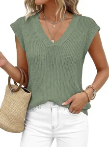 Top sin mangas de punto verde salvia con cuello en V para mujer estilo casual detalle