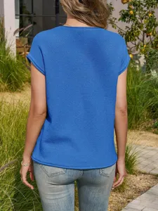 Detailed view of women's solid color round neck short sleeve knit top casual summer sweater.