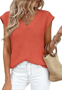 Top sin mangas de punto con cuello en V naranja chaleco jersey mujer moda casual verano