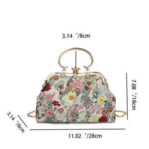 Detailed view of the floral jacquard shell bag with dimensions and gold chain strap