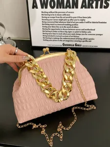 Damen Geraffte Muscheltasche PU-Leder Plissee Wolken-Tasche Goldene Dicke Kette Schulter Umhängetasche Clutch Handtasche Elegant