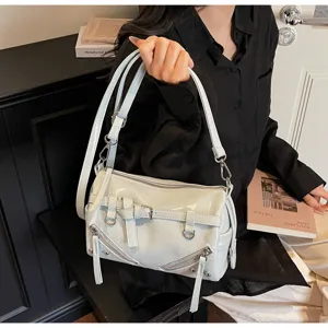 Stylish white faux leather shoulder bag with vintage belt buckle and zipper details