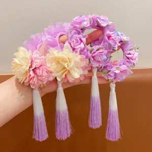 Ancient style floral hair tie for girls with long purple tassels hair accessories