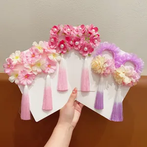 Traditional Chinese style children floral hair scrunchies with elegant long gradient tassels