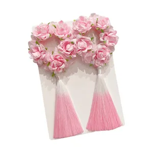 Ancient style pink rose flower hair rings with gradient tassels for young girls hair accessories