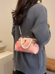 Elegante Vintage-Clutch mit Blumenstickerei, Kussverschluss und Perlengriff-Kette