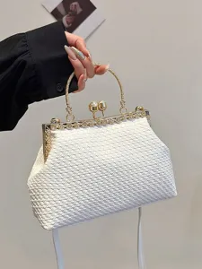 Women's Vintage Woven Texture Soft PU Shell Bag Rhinestone Pearl Clasp Shoulder Bag Retro Kiss-Lock Crossbody Handbag For Daily Party