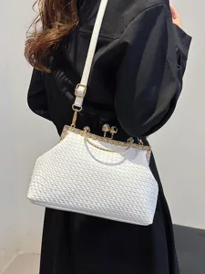 Retro white woven texture bag with rhinestone clasp for women shoulder carry