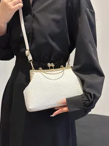 Elegant white woven shell bag with rhinestone clasp and shoulder strap for women