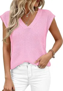 Primer plano detalle de mujeres rosa cuello en V tejido sin mangas chaleco top suave.
