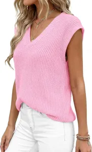 Top de punto sin mangas con cuello en V rosa para mujer, chaleco jersey de verano detalle.