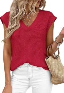 Mujeres Casual Cuello V Manga Corta Punto Top Sólido Verano Elegante Chaleco Tejido Fin
