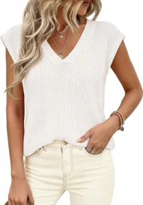 Vista detallada del jersey de punto sin mangas para mujer en color blanco con cuello en V.