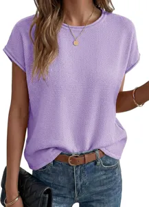 Close-up detail shot of the casual short-sleeve knit top in light purple texture.