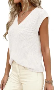 Top de punto sin mangas con cuello en V blanco casual para mujer en primavera verano.