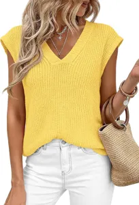 Top jersey de punto de manga corta con cuello en V para mujer, camiseta sin mangas de verano amarilla.