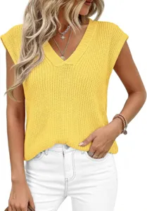 Mujer casual cuello V parte superior de punto sin mangas verano jersey liso chaleco amarillo.