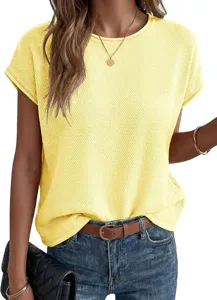 Women's casual solid color crewneck short sleeve knit top summer basic pullover sweater.