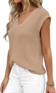 Detalle del top de punto sin mangas con cuello en V casual para mujer en primavera y verano.