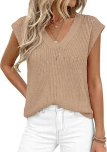 Chaleco de punto con cuello en V para mujer, top sin mangas de verano casual y elegante.