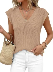 Top de chaleco de punto con cuello en V y manga corta para mujer en primavera y verano.