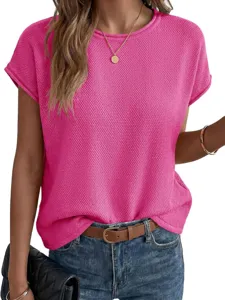 Solid casual crewneck short sleeve knit top sweater for women, perfect for spring and summer.